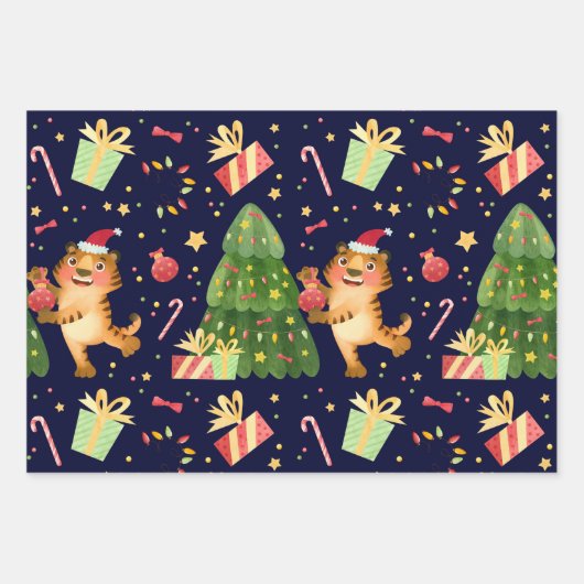 クリスマスツリーのギフトパターンのクリスマスリトルタイガー ラッピングペーパーシート (正面)