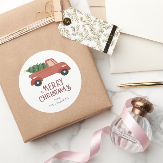 クリスマスツリーのクリスマスを持つ赤トラモダンック ラウンドシール (ギフト)