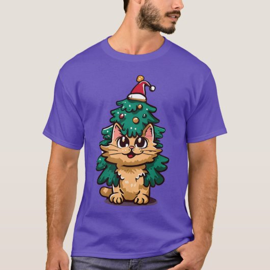 クリスマスツリーのクリスマス猫 ビンテージ Tシャツ (正面)