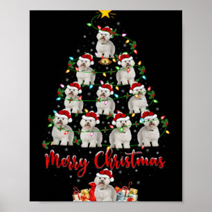 クリスマスツリーのサンタとビション・フリーゼの犬のクリスマスライト飾り ポスター
