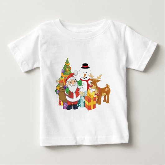 クリスマスツリーのサンタのトナカイの雪だるま ベビーTシャツ (正面)