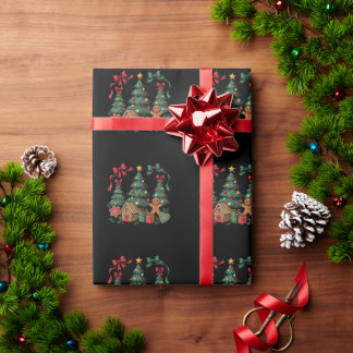クリスマスツリーのジンジャーブレッドハウスクッキー クリスマスリボン ラッピングペーパー