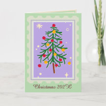 クリスマスツリーのスタンプのホリデーカード パープルとグリーン
