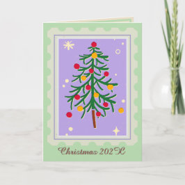 クリスマスツリーのスタンプのホリデーカード パープルとグリーン カード
