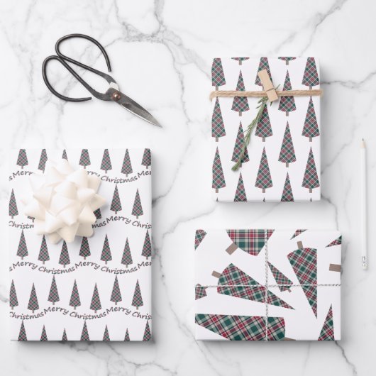 クリスマスツリーのタータンチェックパターン（白） ラッピングペーパーシート (正面)