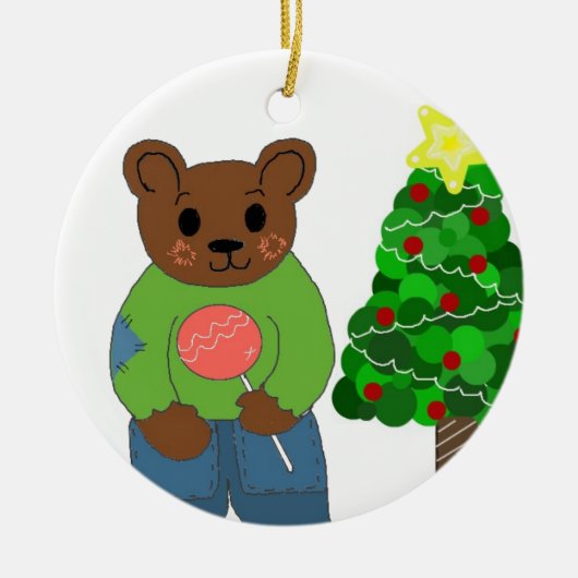 クリスマスツリーのテディベア セラミックオーナメント (正面)