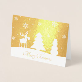 クリスマスツリーのトナカイの雪だるま-金ゴールドホイルカード 箔カード