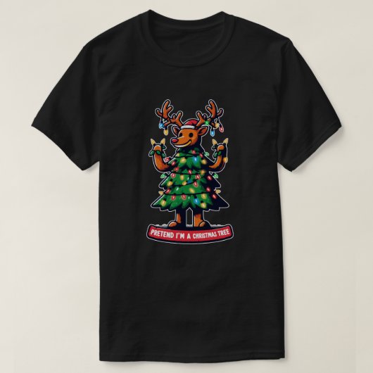 クリスマスツリーのトナカイを装おもしろいう Tシャツ (デザイン正面)