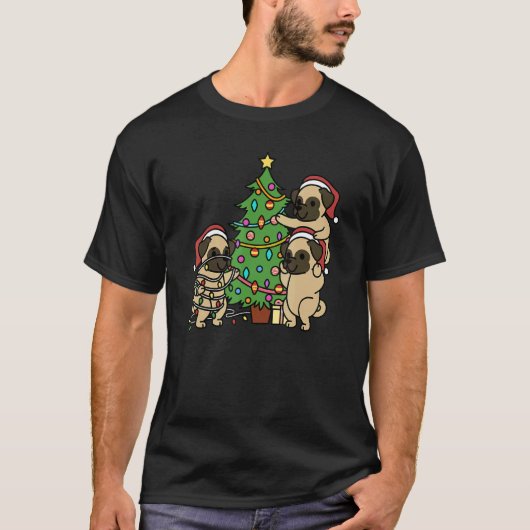 クリスマスツリーのパグ犬 Tシャツ (正面)