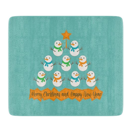 クリスマスツリーのピラミッドクリスマス雪だるま カッティングボード (正面)