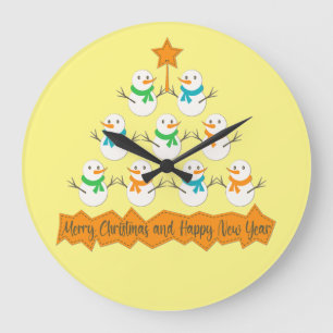 クリスマスツリーのピラミッドクリスマス雪だるま ラージ壁時計