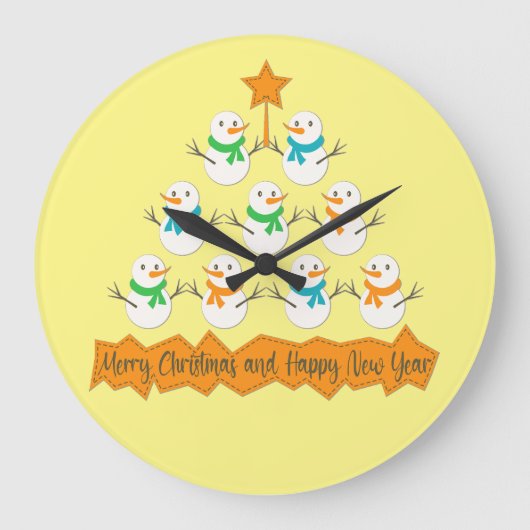 クリスマスツリーのピラミッドクリスマス雪だるま ラージ壁時計 (正面)