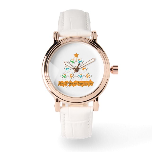 クリスマスツリーのピラミッドクリスマス雪だるま 腕時計 (正面)