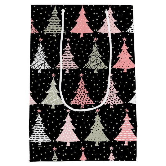クリスマスツリーのピンクと緑（黒い背景） ミディアムペーパーバッグ (裏面)