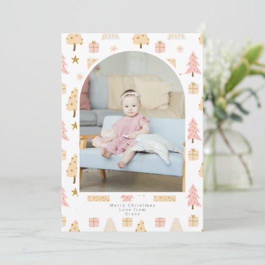 クリスマスツリーのピンクのパターンの写真パーソナライズされた シーズンカード (スタンド正面)