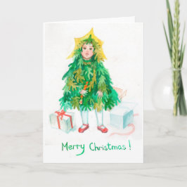 クリスマスツリーのホリデーグリーティング かわいい女の子 シーズンカード