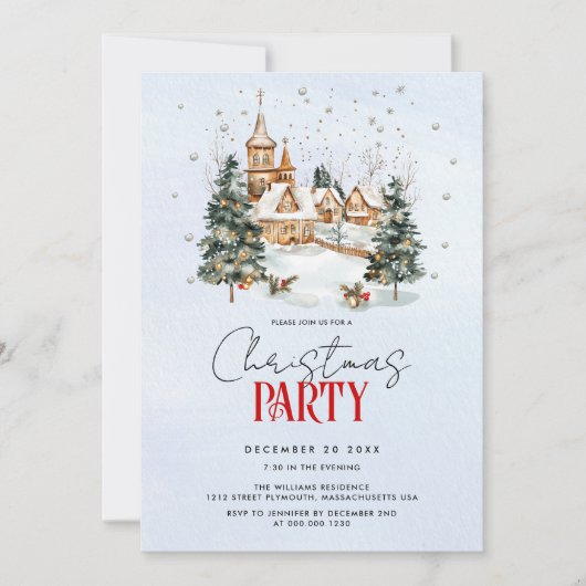 クリスマスツリーのホリデーパーティーと冬の風景 招待状 (正面)