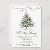 クリスマスツリーのボールとストリングライトのホリデーパーティー 招待状 (正面)