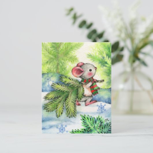クリスマスツリーのマウスのかわいい動物の休日の郵便はがき シーズンポストカード (スタンド正面)
