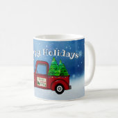 クリスマスツリーのマグを強く引くヴィンテージの赤いトラック コーヒーマグカップ (正面右)