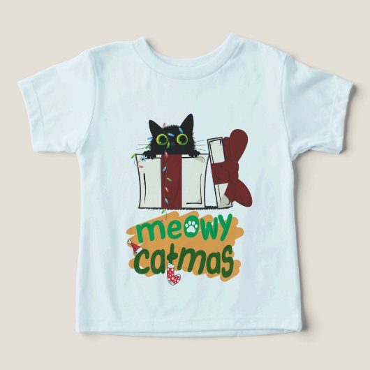 クリスマスツリーのライトに絡まった黒いサンタ猫 (デザイン正面)