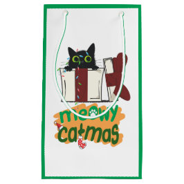 クリスマスツリーのライトに絡まった黒いサンタ猫 スモールペーパーバッグ