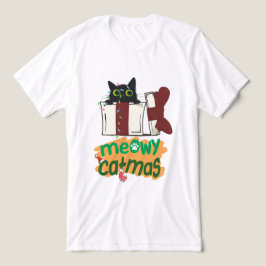 クリスマスツリーのライトに絡まった黒いサンタ猫 トライブレンドTシャツ