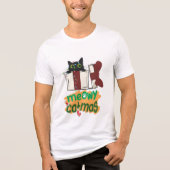 クリスマスツリーのライトに絡まった黒いサンタ猫 トライブレンドＴシャツ (正面)