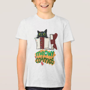 クリスマスツリーのライトに絡まった黒いサンタ猫 トライブレンドTシャツ