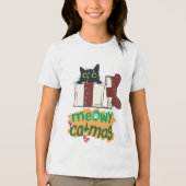 クリスマスツリーのライトに絡まった黒いサンタ猫 トライブレンドTシャツ (正面)