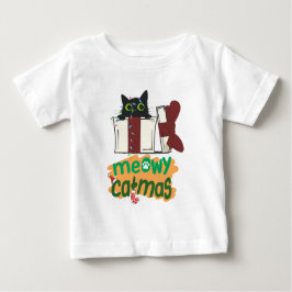 クリスマスツリーのライトに絡まった黒いサンタ猫 ベビーTシャツ