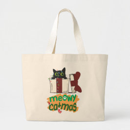 クリスマスツリーのライトに絡まった黒いサンタ猫 ラージトートバッグ