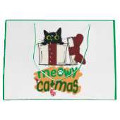 クリスマスツリーのライトに絡まった黒いサンタ猫 ラージペーパーバッグ (正面)