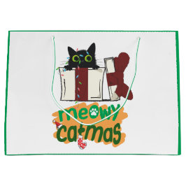 クリスマスツリーのライトに絡まった黒いサンタ猫 ラージペーパーバッグ