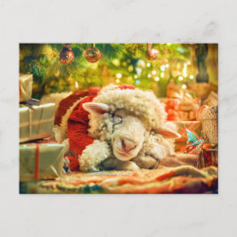 クリスマスツリーのライトの下で眠っている羊 シーズンポストカード