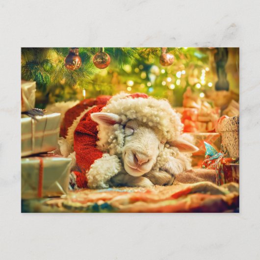 クリスマスツリーのライトの下で眠っている羊 シーズンポストカード (正面)