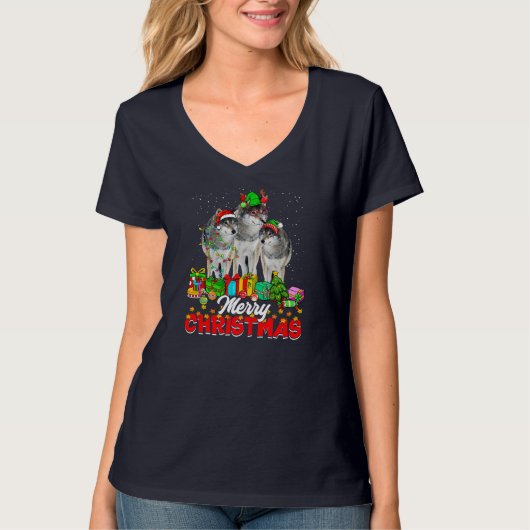 クリスマスツリーのライトクリスマスパジャマウルフ動物の値リスト Tシャツ (正面)