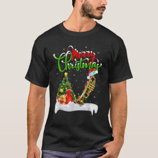 クリスマスツリーのライトサンタ帽子ミュージカルトランペットクリスマス Tシャツ