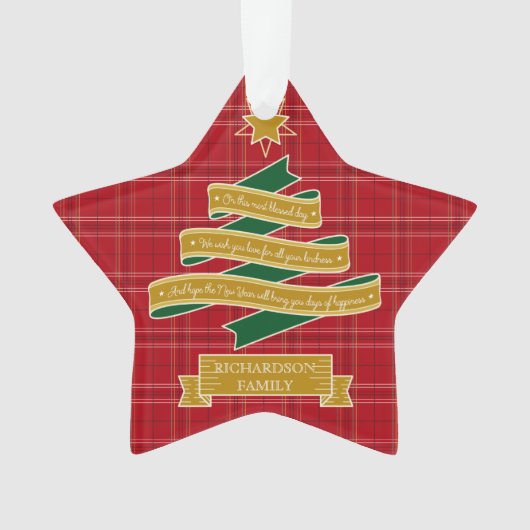 クリスマスツリーのリボンの赤い格子縞の星のカスタムの旗 オーナメント (正面)
