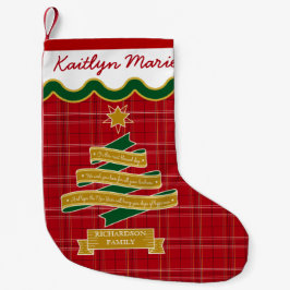 クリスマスツリーのリボンの赤い格子縞の星のカスタムの旗 スモールクリスマスストッキング