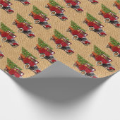 クリスマスツリーのヴィンテージの赤いトラックの素朴なバーラップ ラッピングペーパー (角)