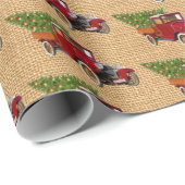 クリスマスツリーのヴィンテージの赤いトラックの素朴なバーラップ ラッピングペーパー (ロールコーナー)