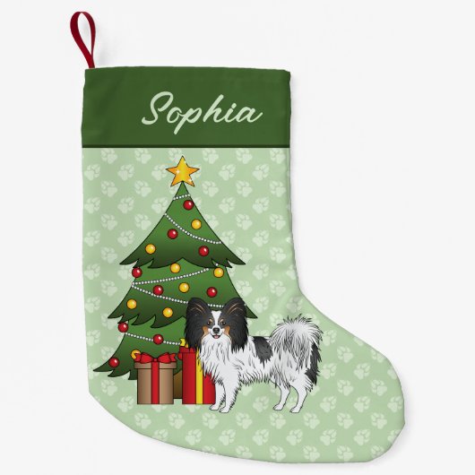 クリスマスツリーの三色パピヨンのハッピードッグ スモールクリスマスストッキング (正面)