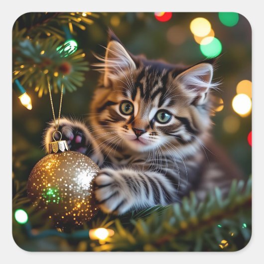 クリスマスツリーの上の小さな子猫 スクエアシール (正面)