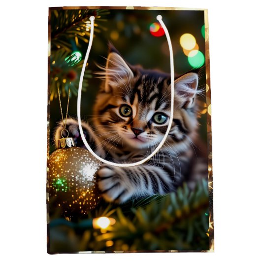 クリスマスツリーの上の小さな子猫 ミディアムペーパーバッグ (正面)