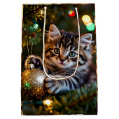 クリスマスツリーの上の小さな子猫 ミディアムペーパーバッグ (裏面)