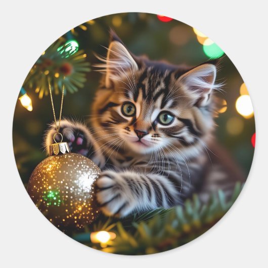クリスマスツリーの上の小さな子猫 ラウンドシール (正面)