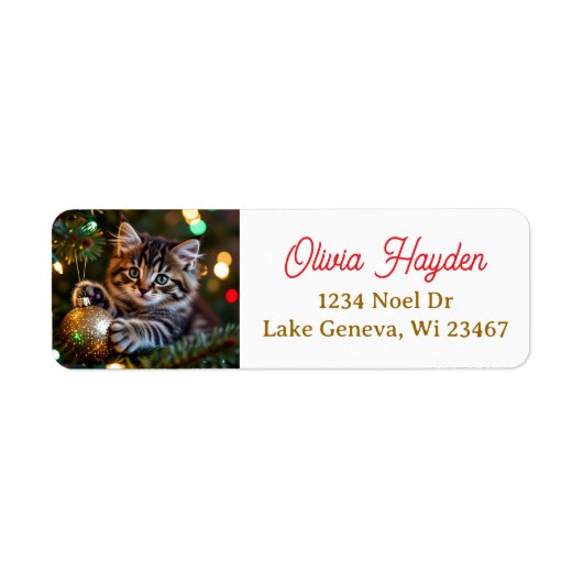 クリスマスツリーの上の小さな子猫 ラベル (正面)