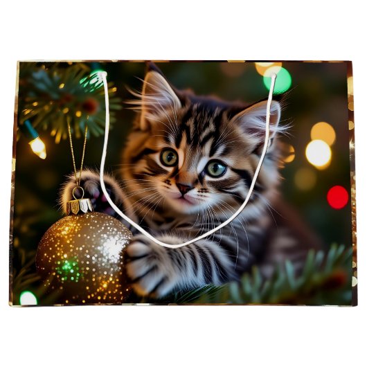 クリスマスツリーの上の小さな子猫 ラージペーパーバッグ (正面)
