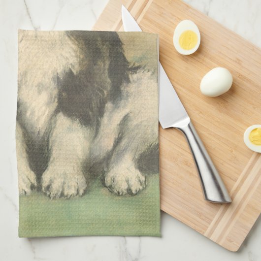 クリスマスツリーの下でヴィンテージクリスマス、かわいい子犬 キッチンタオル (四つ折り)